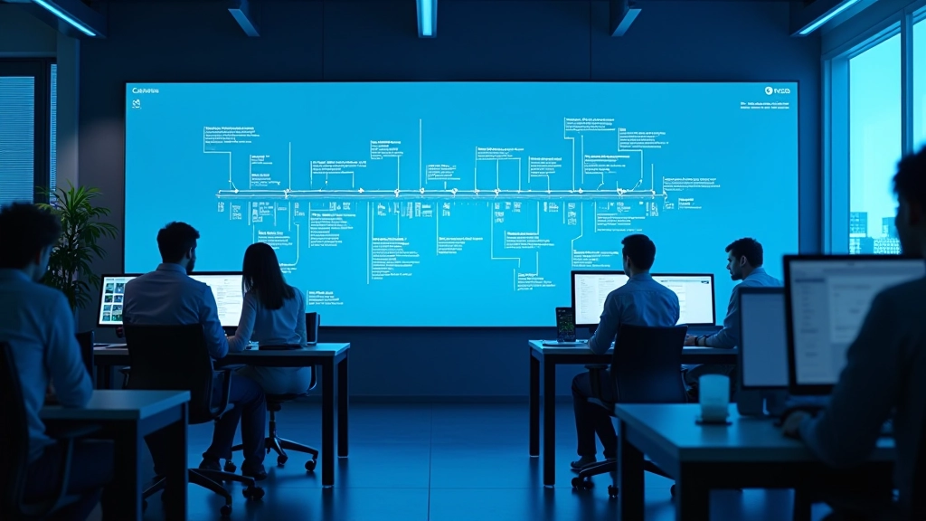 Modernes Webdesign-Studio mit Designern, die an zeitlichen Zeitleisten-Layouts arbeiten, großer Monitor zeigt interaktive Zeitleisten-Animation