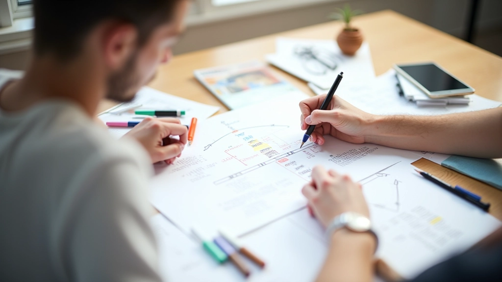 Designer skizziert Zeitleisten-Layouts auf Papier mit Designmaterialien