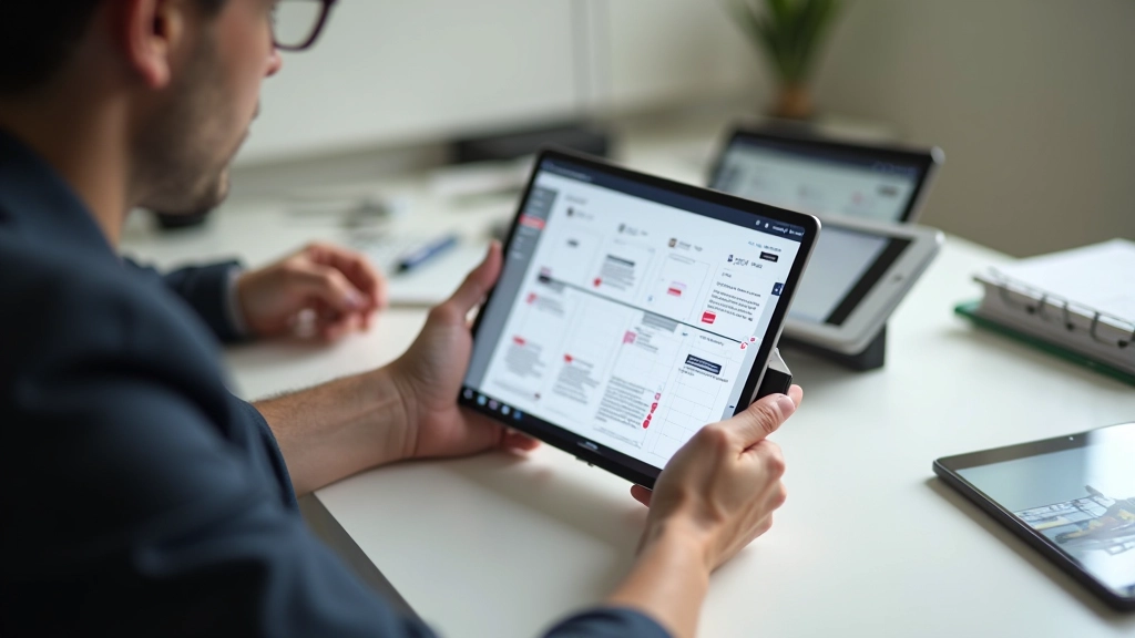 Designer zeigt Zeitleisten-Prototyp auf Tablet
