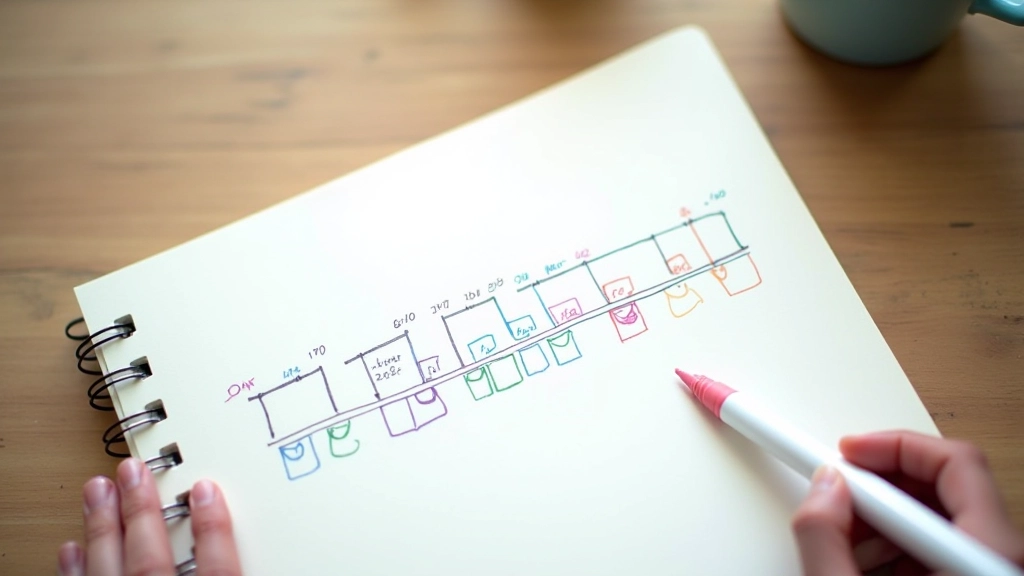 Nahaufnahme eines Notizbuchs mit handgeschriebener Zeitleiste und farbigen Markierungen auf Holztisch