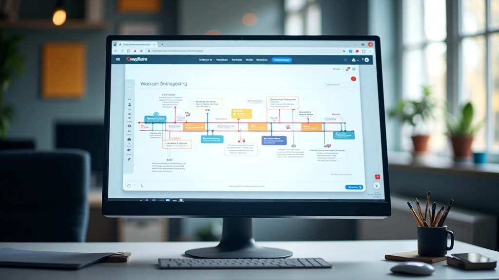 Großer Monitor mit interaktiver horizontaler Zeitleiste, verschiedene Farben für unterschiedliche Ereignistypen