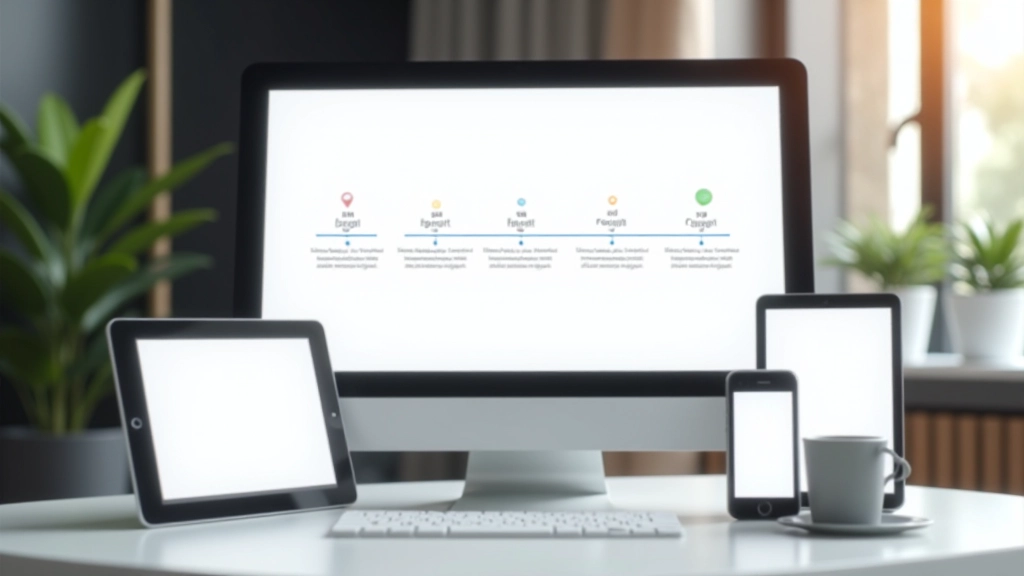 Responsive Design-Visualisierung mit verschiedenen Bildschirmgrößen, Tablet und Smartphone zeigen responsive Zeitleisten-Layouts, moderne Ästhetik
