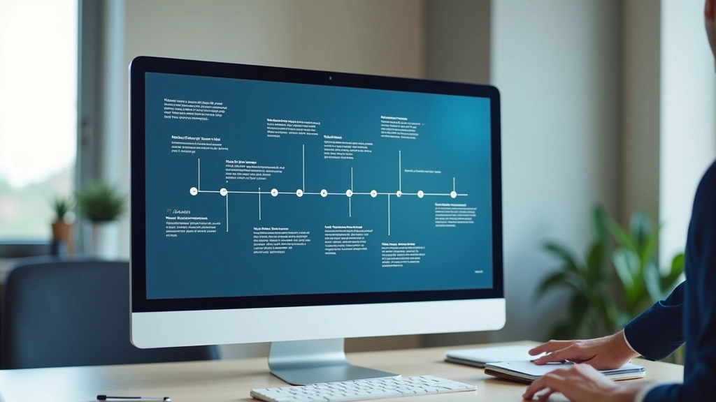 Moderner Computer-Monitor zeigt eine vertikale Zeitleiste mit Meilensteinen und Datum-Labels auf dunklem Hintergrund