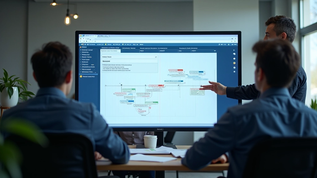 Team arbeitet an Zeitleisten-Design auf großem Monitor